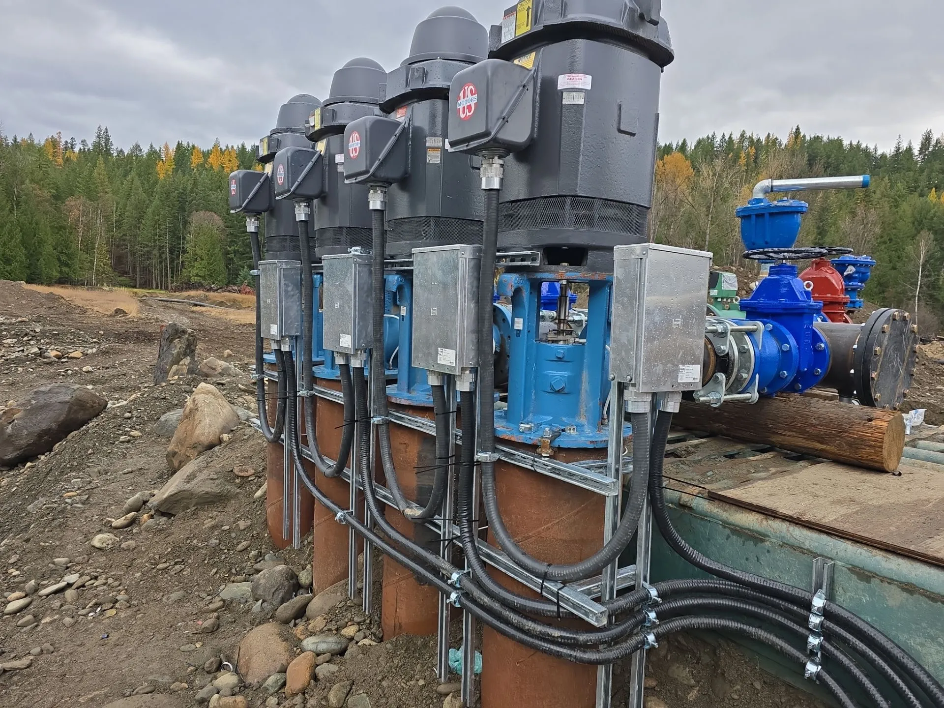 Four 125HP vertical turbine pump motors wired at the Cherryville irrigation intake