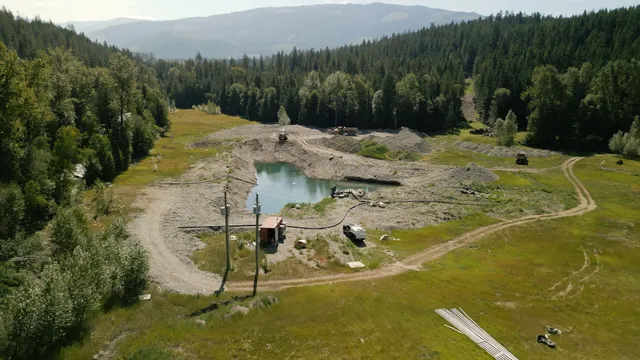 Aerial view of the holding pond and secondary pump station on the Cherryville upper bench