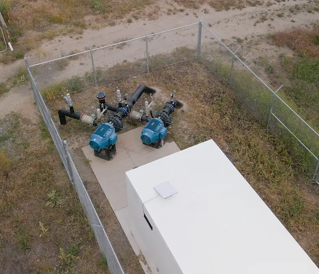 Aerial view of the twin booster pumps feeding the joined mainline