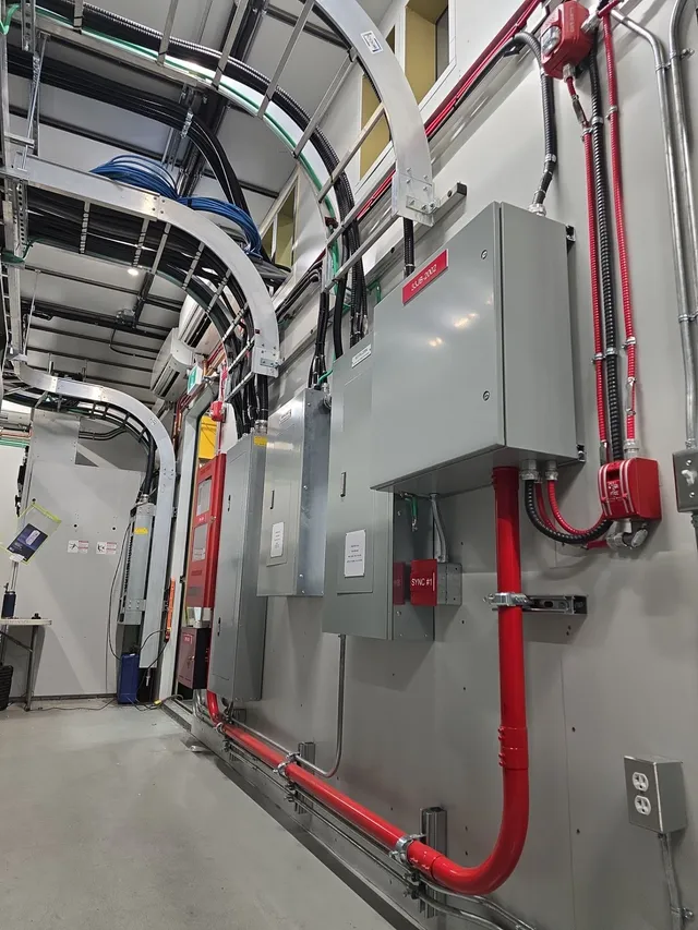 600V panels and fire-alarm conduit along the E-House wall